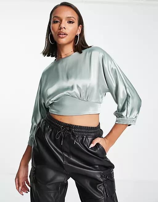 Trendyol balloon sleeve cropped blouse in sage satin-Green Cover