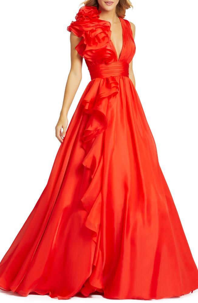 Mac Duggal Ruffle Detail Ruched Chiffon Ballgown in Cherry Cover