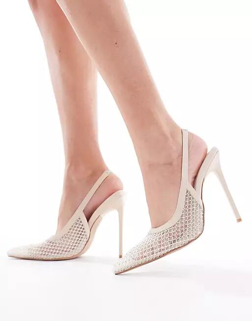 Simmi London Wide Fit Lailla sling back heeled shoes with embellished mesh in cream-White Cover