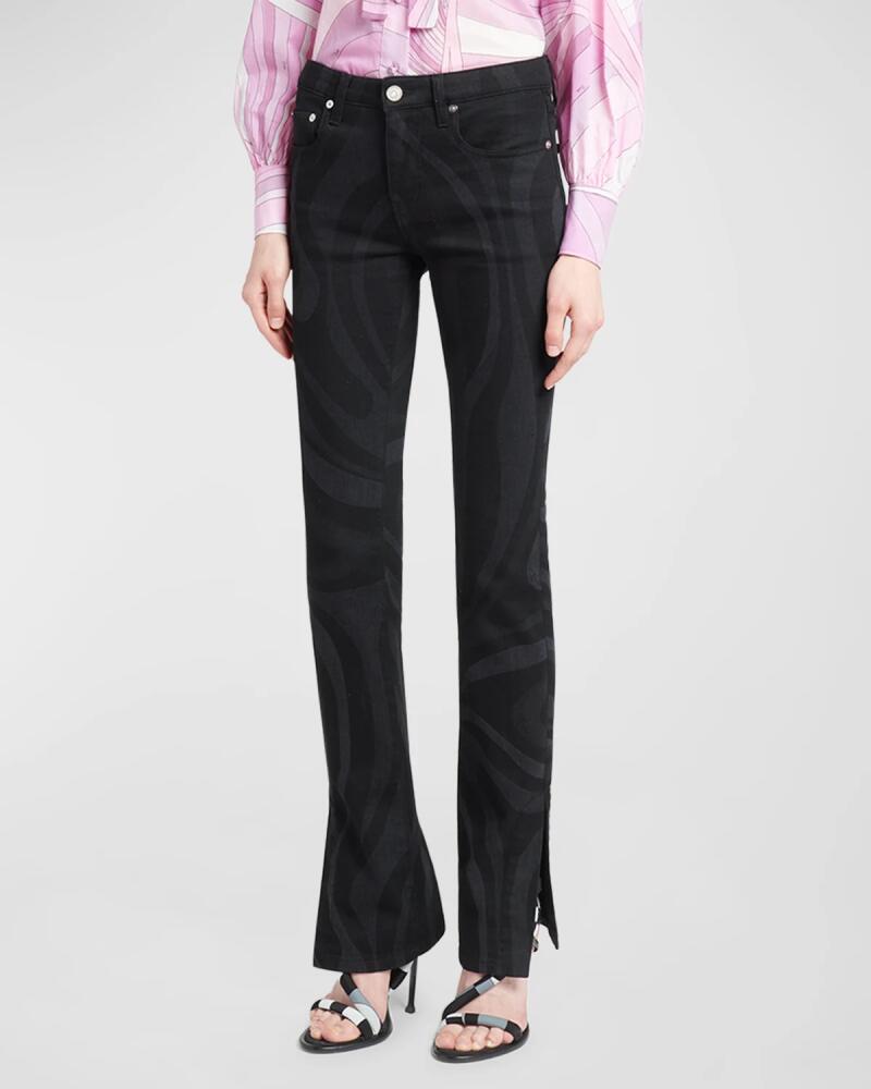 Emilio Pucci Mid-Rise Wavy-Print Straight-Leg Slits-Hem Denim Trousers Cover