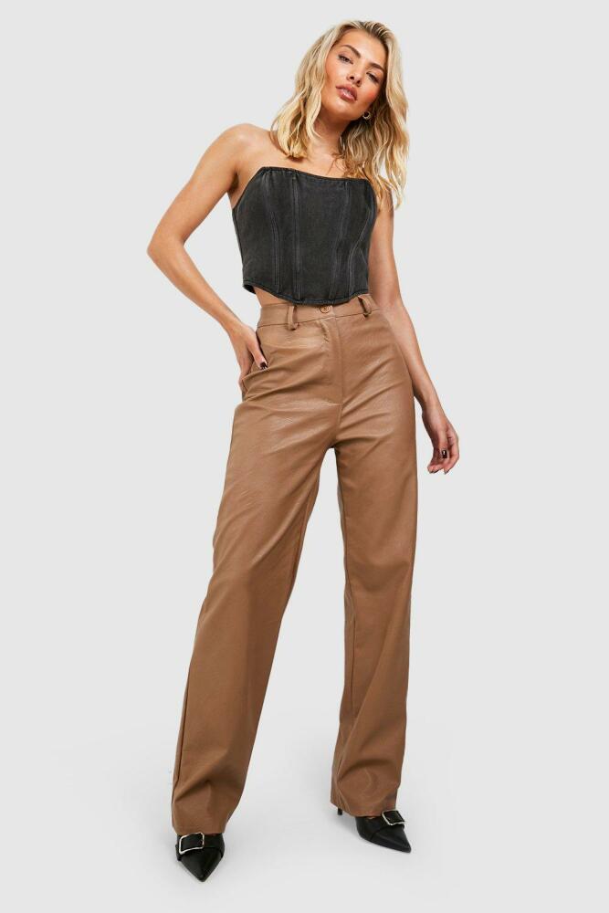 boohoo Womens Wide Leg Faux Leather Pants - Brown Cover