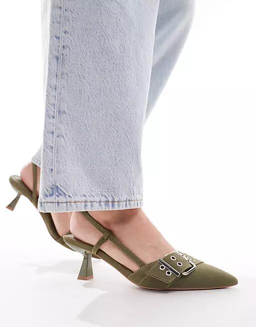 Simmi London Wide Fit Dala pointed kitten heel sling backs with grommet buckle detail in khaki-Green Cover