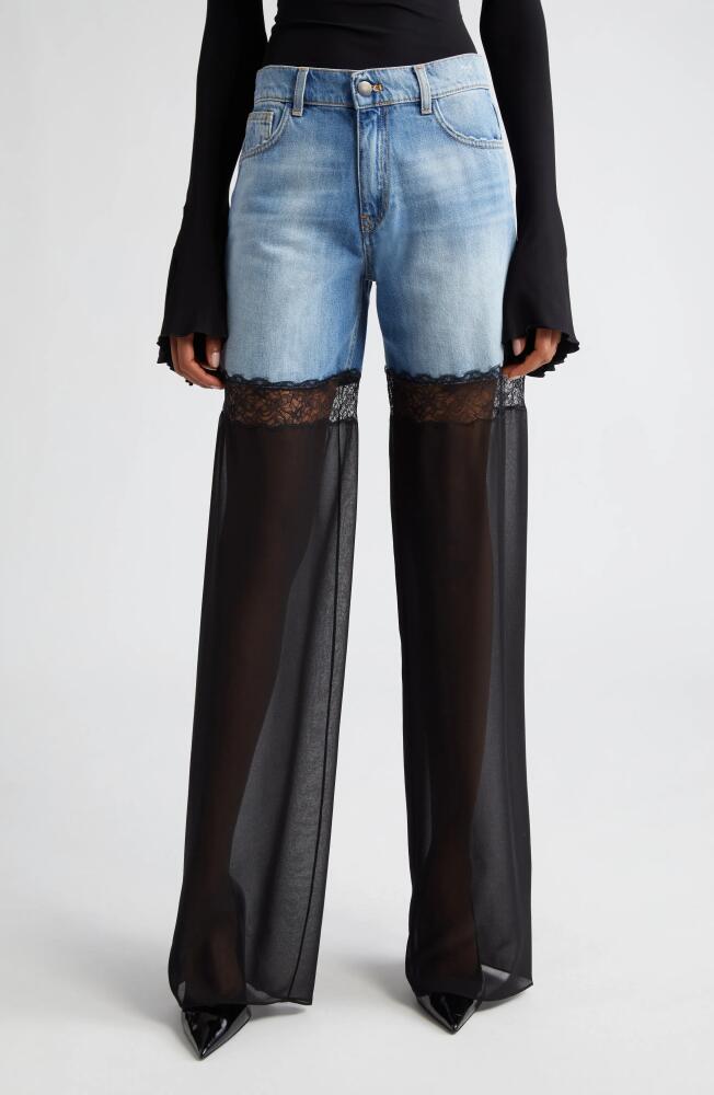 Nensi Dojaka Sheer Tulle Inset High Waist Nonstretch Wide Leg Jeans in Blue/Black Cover