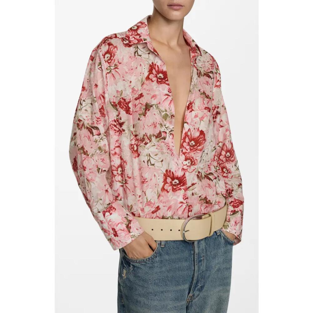 MANGO Floral Cotton Button-Up Shirt in Light Pink Cover