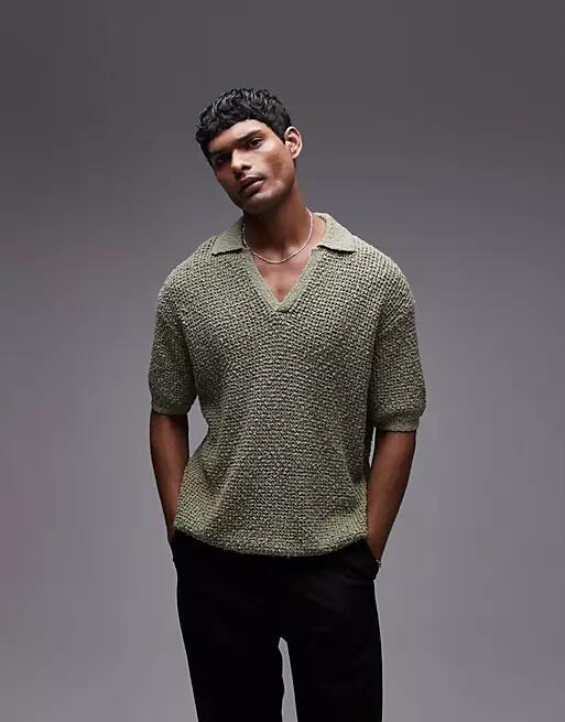 Topman knitted cotton revere polo in khaki-Green Cover