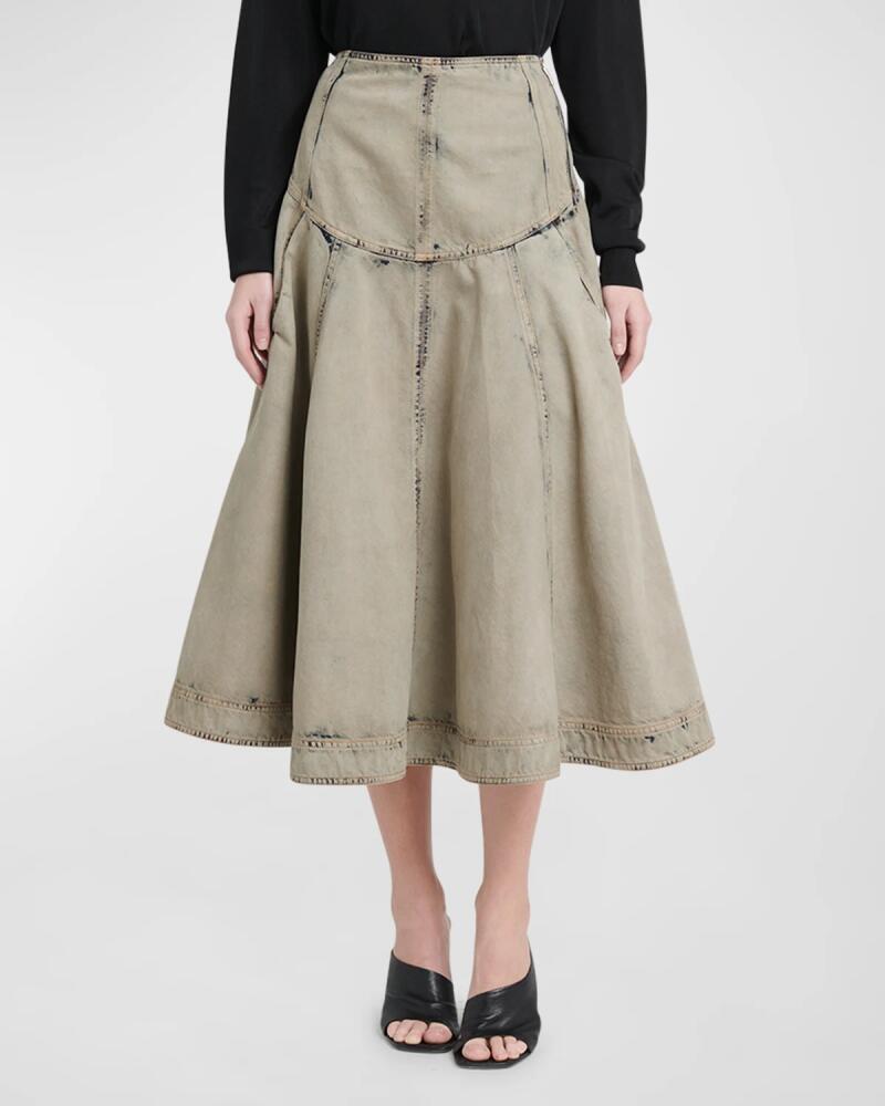 Ferragamo Drop-Waist Acid Wash Denim Midi Skirt Cover