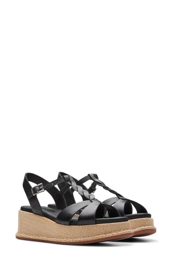 Clarks(r) Kimmei Twisted Ankle Strap Platform Wedge Sandal in Black Leather Cover