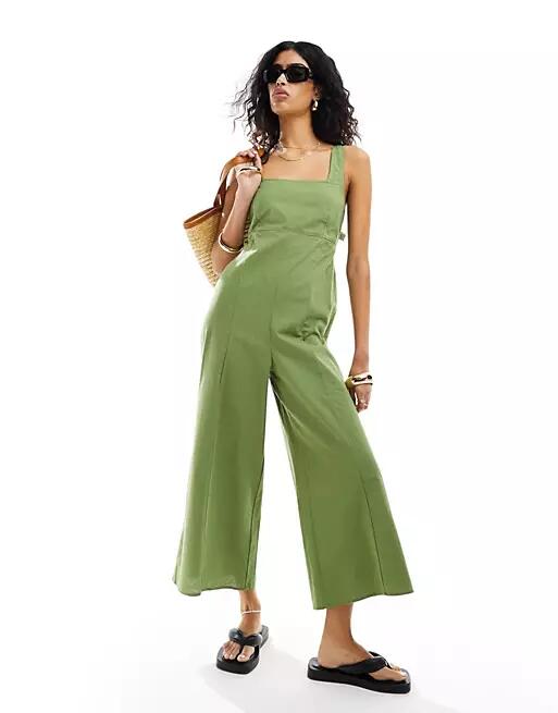 ASOS DESIGN linen look tie back cropped jumpsuit in green Cover