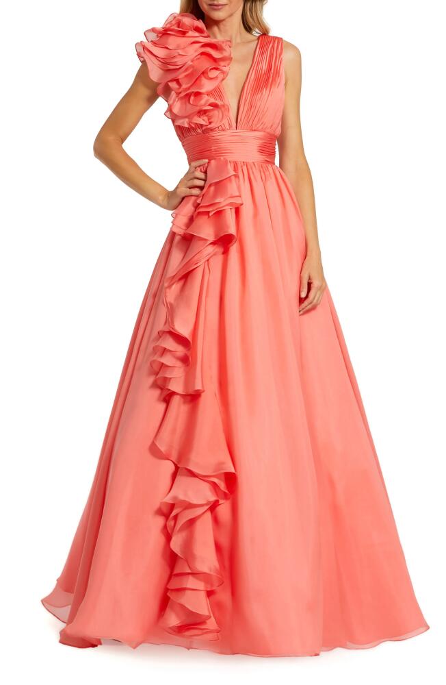 Mac Duggal Ruffle Detail Ruched Chiffon Ballgown in Coral Cover