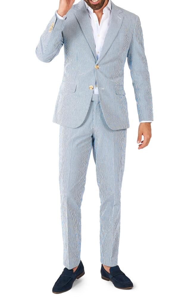 OppoSuits Daily Slim Fit Stripe Stretch Cotton Seersucker Suit in Blue Cover