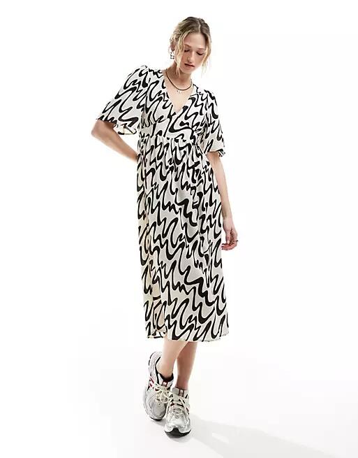 Monki short sleeve midi sun dress with side split in mono abstract print exclusive to ASOS-Multi Cover