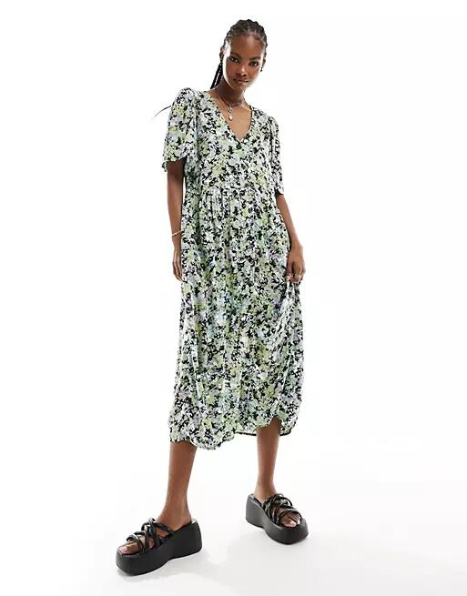 Monki button up midi dress in floral print exclusive to ASOS-Multi Cover