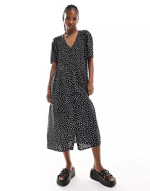 Monki button up midi dress in black ditsy print exclusive to ASOS-Multi Cover