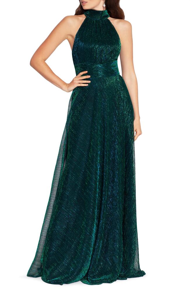 Betsy & Adam Metallic Sleeveless Halter Neck Open Back Gown in Jade Cover