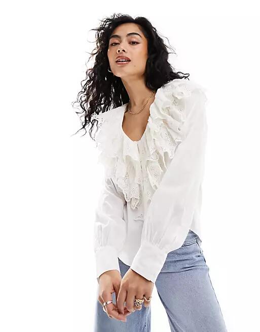 & Other Stories long sleeve relaxed blouse with V-neck double ruffle detail in white Cover