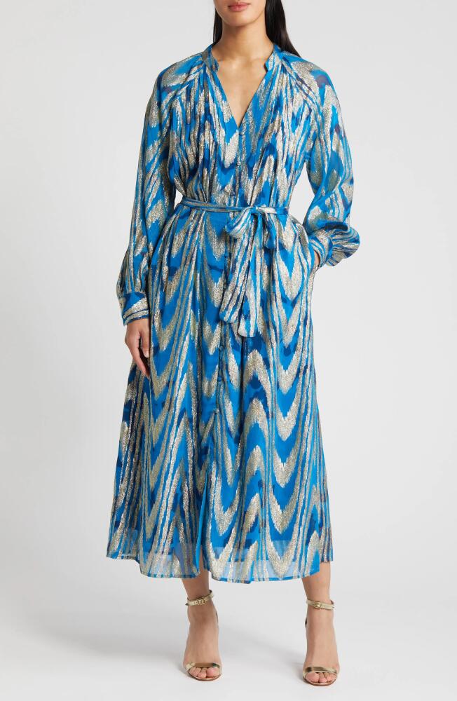 CIEBON Seneca Metallic Long Sleeve Midi Shirtdress in Ocean Cover