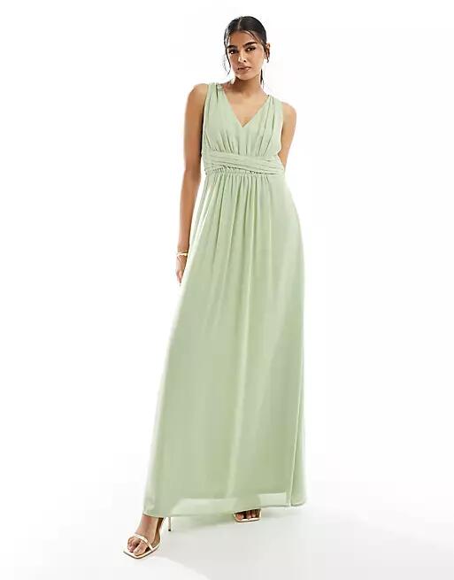 Vila Bridesmaid wrap waist detail maxi dress with pleat front in sage green Cover