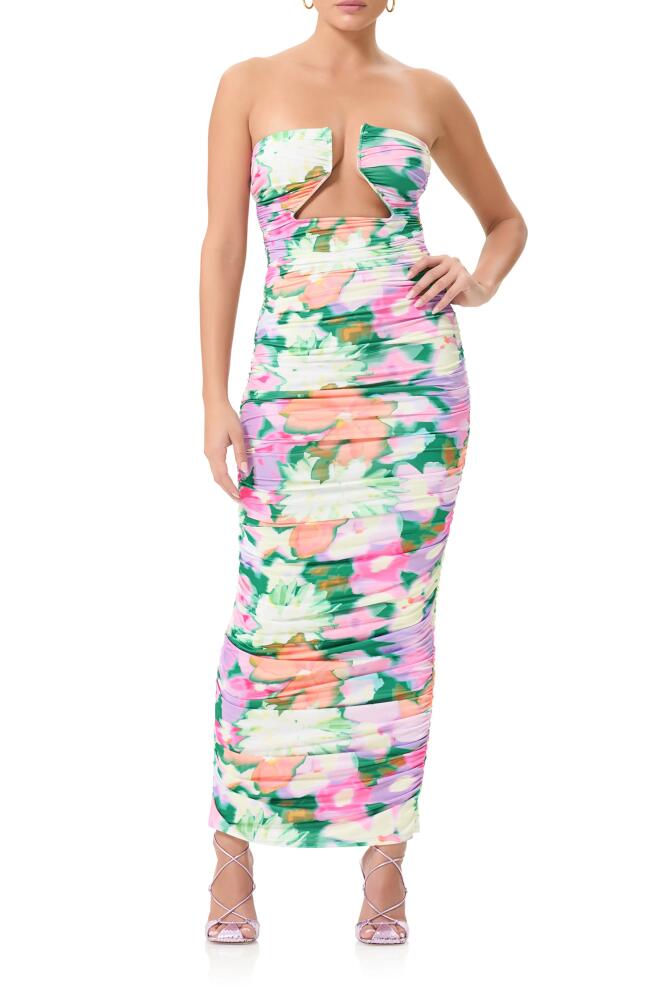 AFRM Alisha Ruched Cutout Strapless Maxi Dress in Spring Blossom Cover