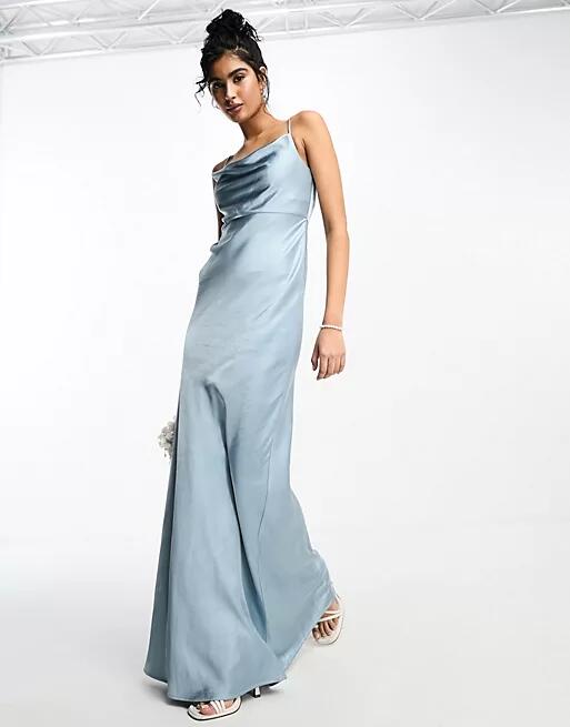 Six Stories Bridesmaids cowl front satin slip dress in dusty blue Cover