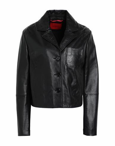 Max & co. Woman Jacket Black Viscose, Polyamide, Elastane, Ovine leather Cover