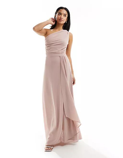 TFNC Petite Bridesmaid chiffon one shoulder drape maxi dress in soft pink Cover