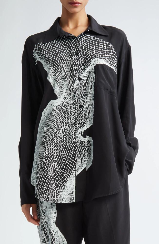 Victoria Beckham Contorted Net Print Silk Button-Up Pajama Shirt in Contorted Net - Black/White Cover