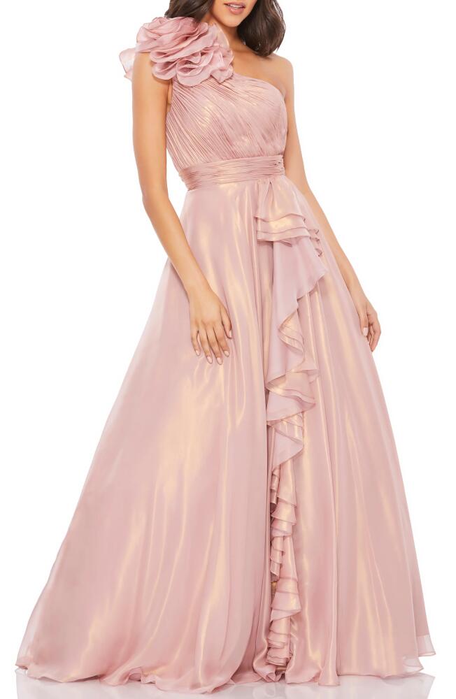 Mac Duggal One-Shoulder Rosette Iridescent Ballgown in Rose Gold Cover