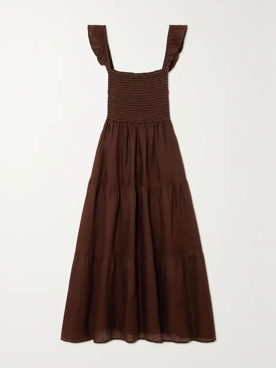 Faithfull - + Net Sustain Benito Smocked Tiered Linen Midi Dress - Brown Cover