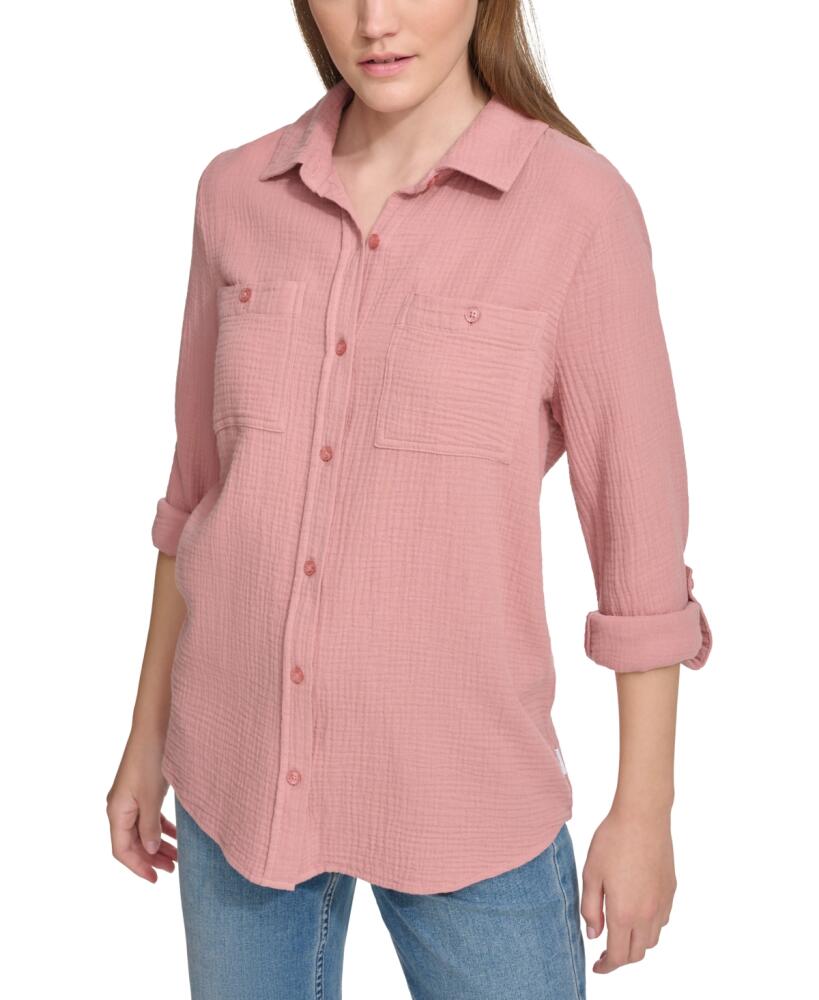 Calvin Klein Jeans Women's Double-Crepe Button-Down Roll-Tab-Sleeve Shirt - Ash Rose Cover