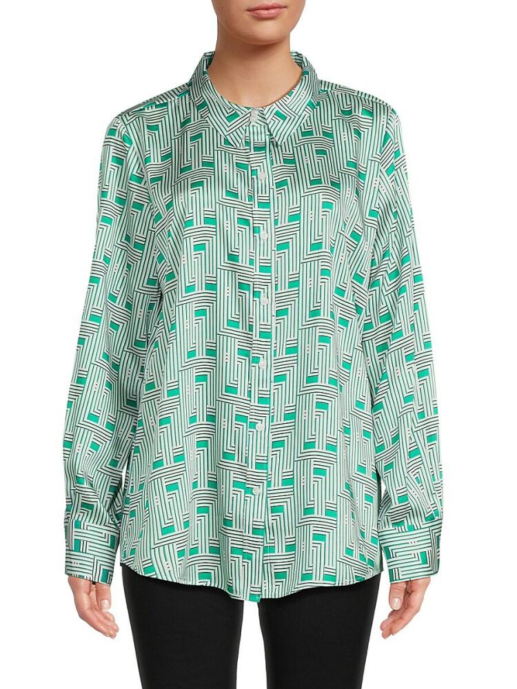 Karl Lagerfeld Paris Women's Geometric Satin Button Down Shirt - Kelly Multi Cover