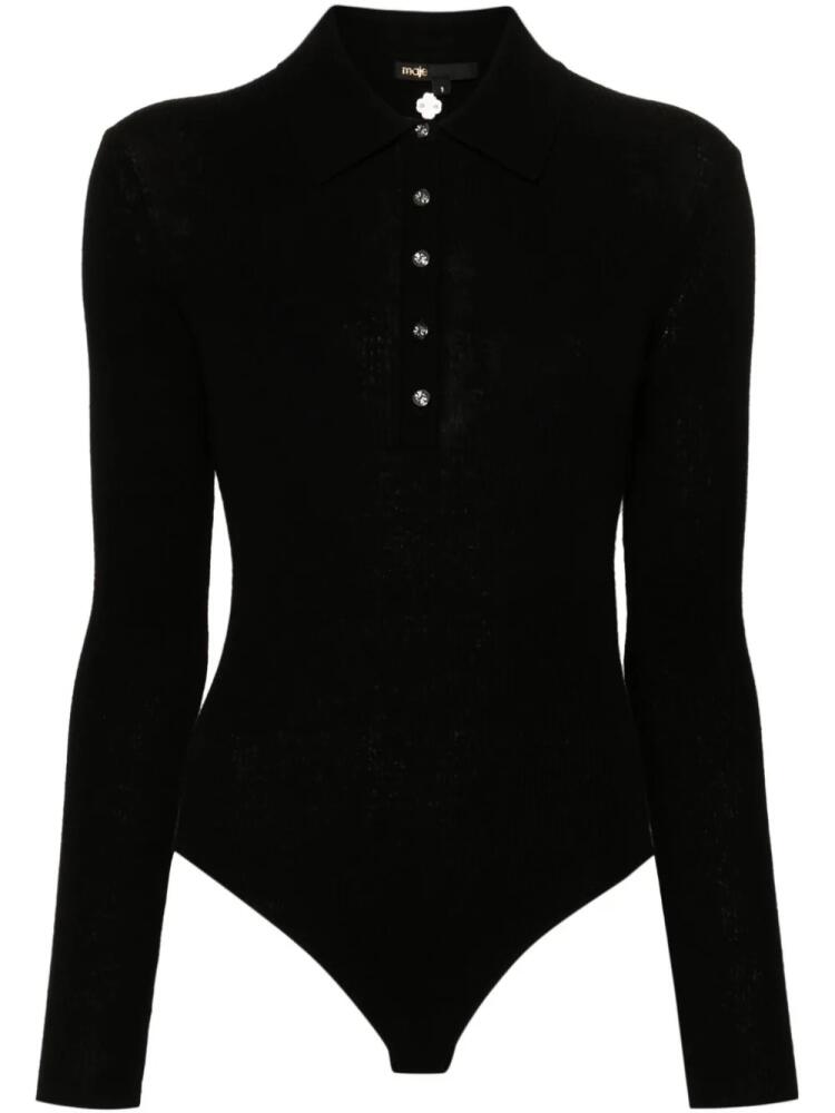 Maje polo collar fine-ribbed bodysuit - Black Cover