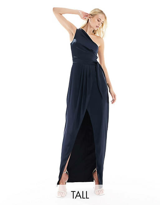 TFNC Tall Bridesmaid one-shoulder maxi dress with pleated detail in navy-Blue Cover