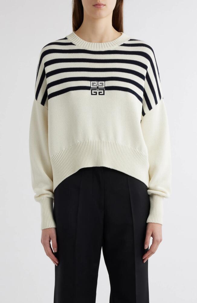 Givenchy Logo & Stripe Crewneck Sweater in White/Navy Cover