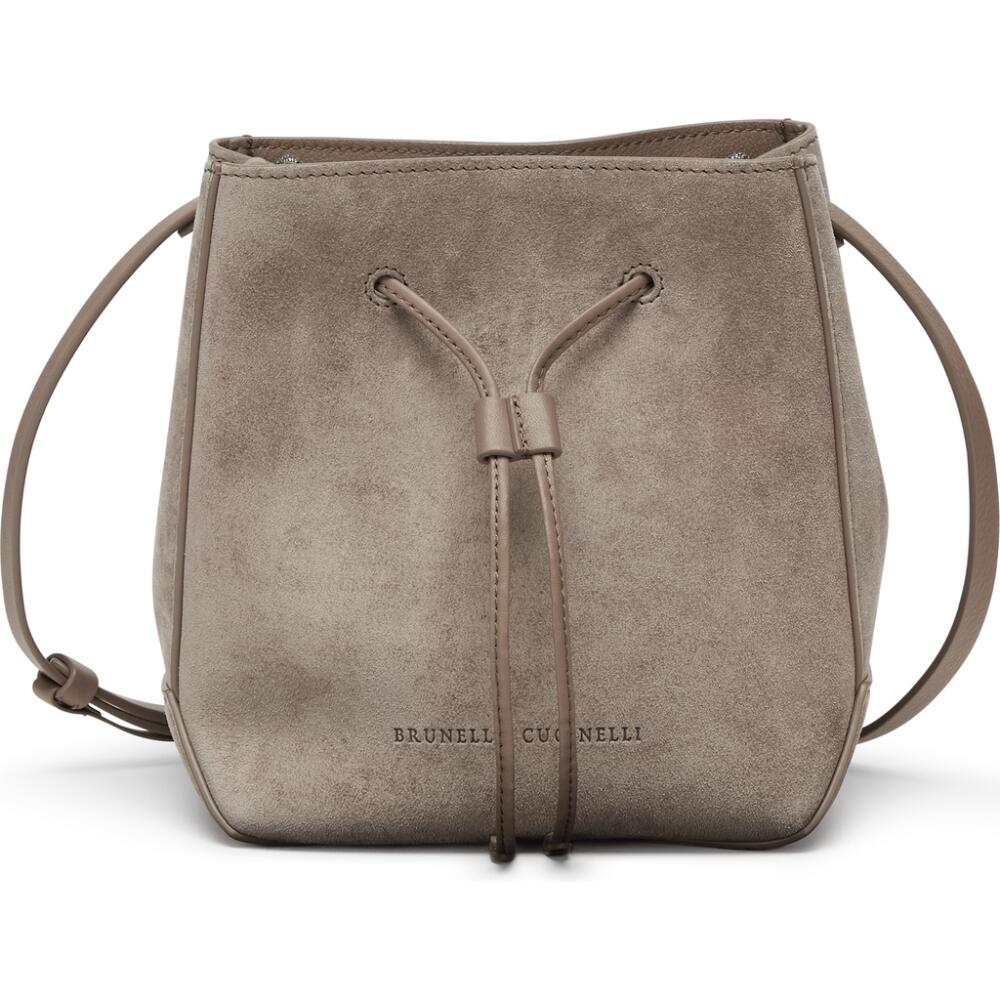 Brunello Cucinelli Suede bucket bag with monili in Light Grey Cover