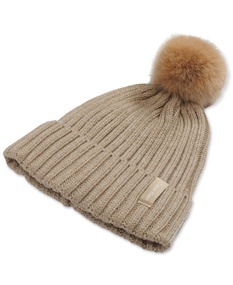 Calvin Klein Chunky Rib Knit Pom Beanie - Heathered Almond Cover