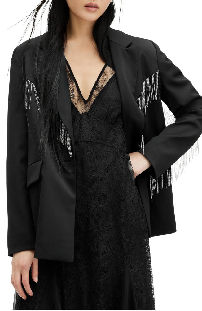 AllSaints Franky Fringe Detail Satin Blazer in Black Cover