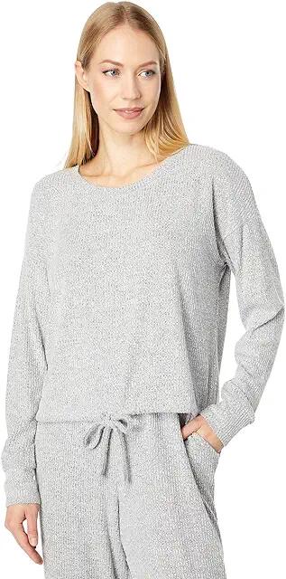 bobi Los Angeles Brushed Heather Rib Long Sleeve Tie Hem Scoop Neck Tee (Dark Grey) Women's Clothing Cover