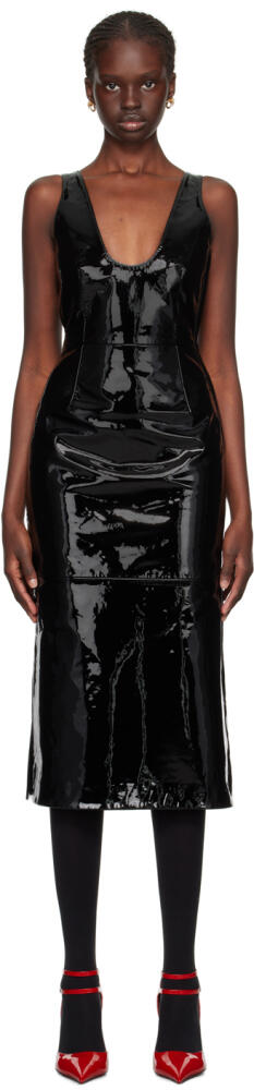 Ferragamo Black Scoop Neck Leather Midi Dress Cover