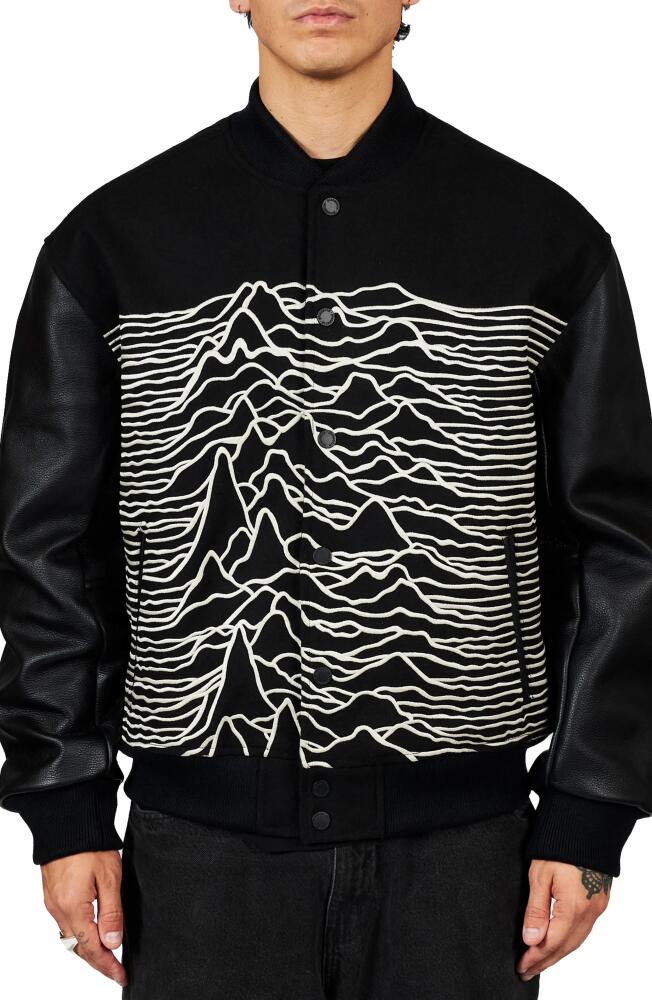 x Joy Division Unknown Pleasures Wool Blend Varsity Jacket in Black Cover