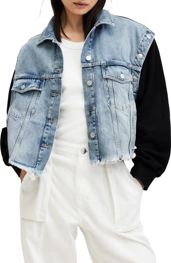 AllSaints Chlo 2-in-1 Oversize Denim Jacket with Removable Sleeves in Light Indigo/Navy Cover