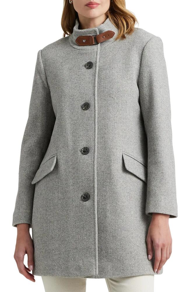 Lauren Ralph Lauren Tab Front Wool Blend Coat in Light Grey Herringbone Cover