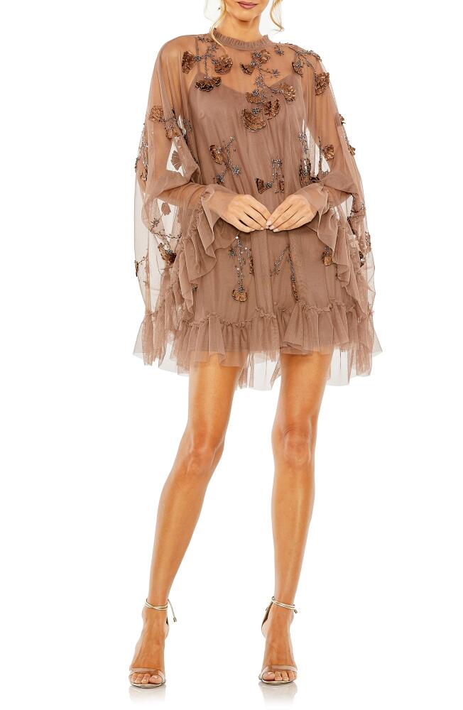 Mac Duggal Long Sleeve Floral Embellished Trapeze Cocktail Dress in Chocolate Cover