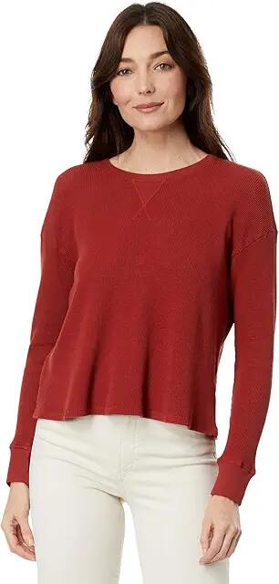 Mod-o-doc Washed Cotton Modal Thermal Long Sleeve Boxy Crop Sweatshirt (Rustic Red) Women's Clothing Cover