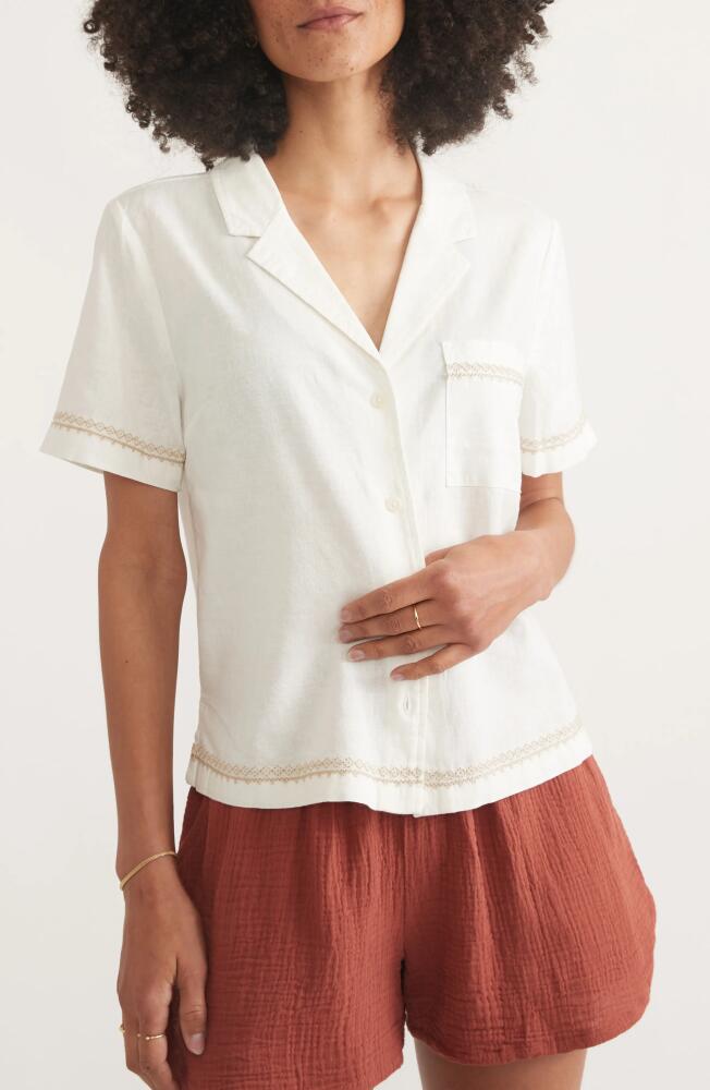 Marine Layer Lucy Embroidered Short Sleeve Hemp Blend Button-Up Resort Shirt in Natural Cover