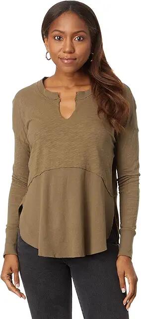 bobi Los Angeles Split-Neck Long Sleeve Rib Mix Layered Tee (Olive Tree) Women's Clothing Cover