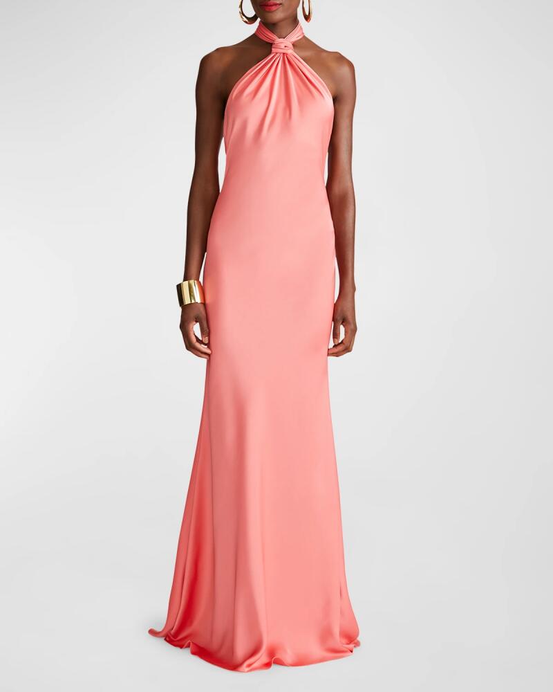 Halston Emi Twist-Front Satin Halter Gown Cover