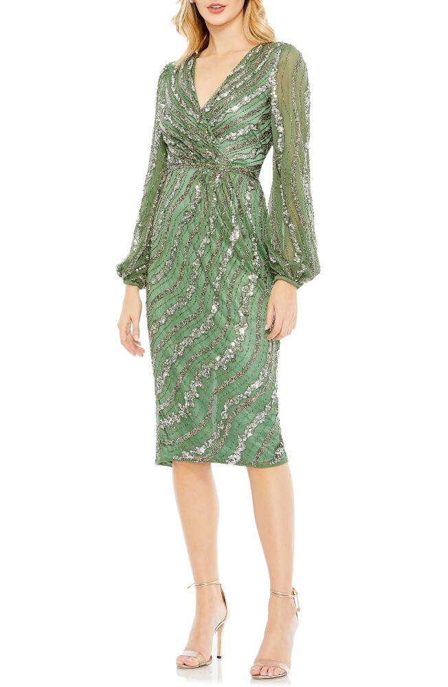 Mac Duggal Sequin Stripe Long Sleeve Mesh Cocktail Dress in Sage Cover