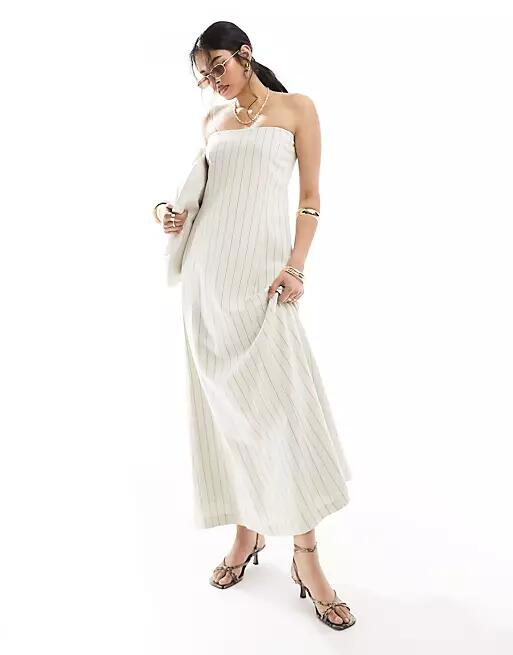 4th & Reckless linen mix bandeau maxi dress in cream stripe-White Cover