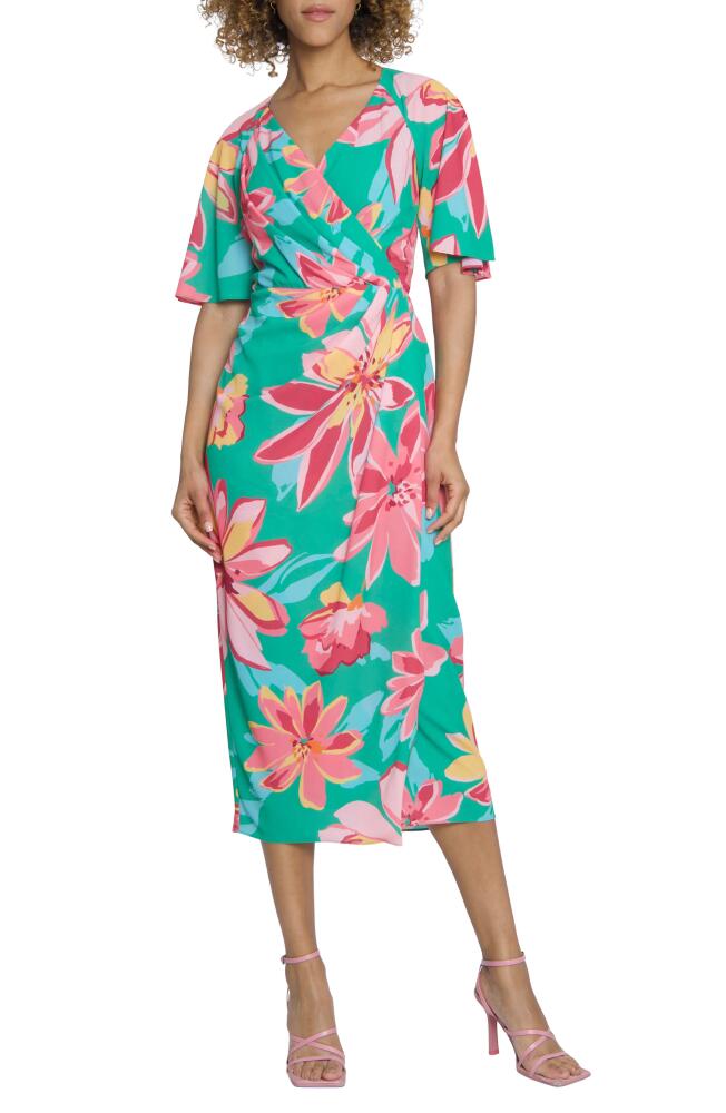 Maggy London Floral Print Faux Wrap Midi Dress in Green/Coral Cover