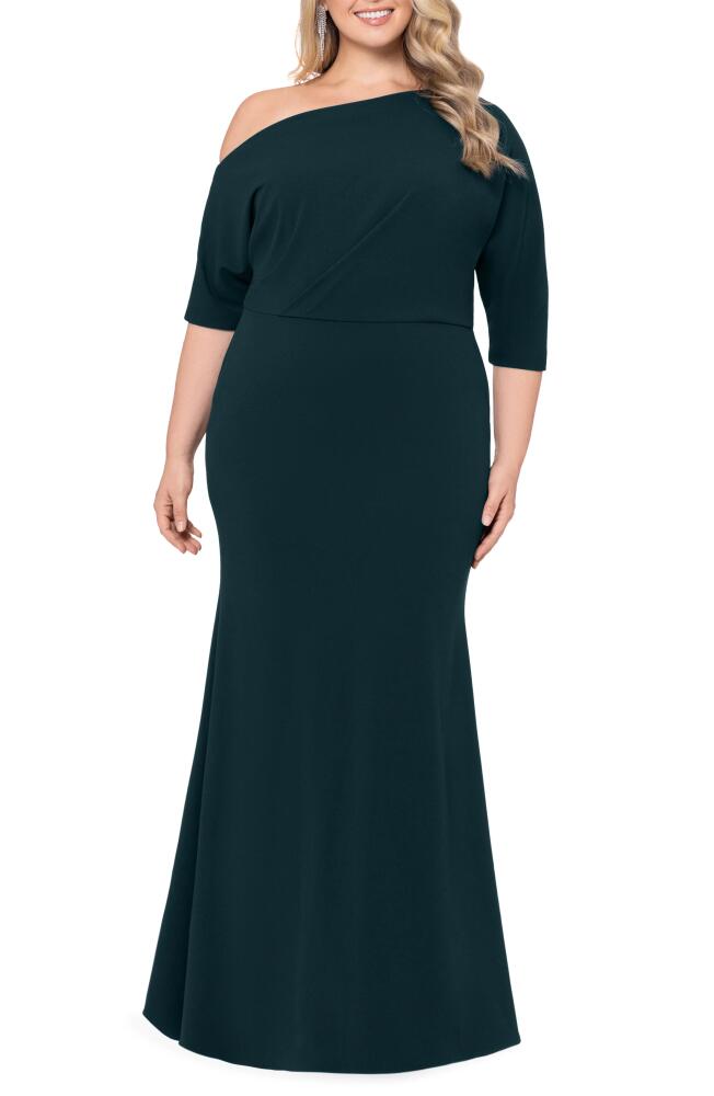 Betsy & Adam One-Shoulder Scuba Crepe Gown in Pine Cover